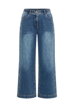 Ulla Popken, RHINESTONE STUDDED WIDE LEG COMFORT WAIST JEANS - Wide leg - blue denim
