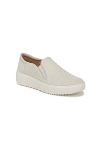 Baskets slip-on crème avec un dessus texturé, des côtés lisses, une semelle intérieure rembourrée et une semelle en caoutchouc blanc présentant un motif strié.