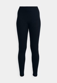 Black leggings made of a smooth, stretchy fabric. Features a high waistband and form-fitting design with ankle-length coverage.