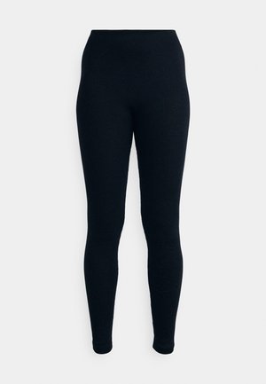 Black leggings made of a smooth, stretchy fabric. Features a high waistband and form-fitting design with ankle-length coverage.