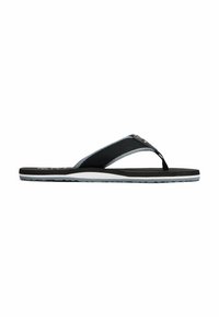 Sort flip-flop med et stofrem og gummisål. Har kontrastsyninger og en hvid mellemsål. Minimalistisk design velegnet til afslappet brug.