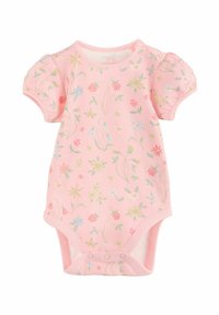 Lyserød kortærmet bodysuit med blomsterprint; har pufærmer, trykknaplukninger i bunden og en blød bomuldsstruktur.