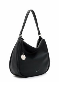 Sac hobo en cuir noir au design souple, avec un accent logo argenté à l'avant et un charm amovible. Dispose d'une bandoulière unique.