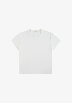 Biały bawełniany t-shirt z krótkimi rękawami, okrągłym dekoltem i standardowym krojem. Gładka faktura, bez wzorów i grafik, czysty design.