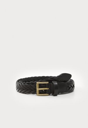 Black braided leather belt featuring a gold-tone metal buckle and leather accents. The belt has a textured finish and classic design.