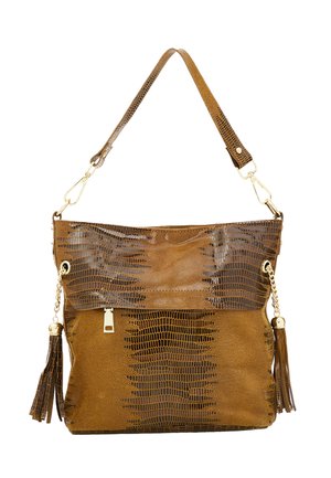 Borsa a tracolla in ecopelle marrone con texture coccodrillo, caratterizzata da un accento di frangia e hardware dorato. Include una tracolla rimovibile.