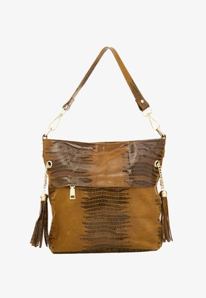 Barna műbőr táska krokodilbőr-textúrával, pom-pom díszítéssel és arany színű hardverelemekkel. Tartalmaz egy leválasztható vállpántot.