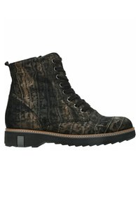Bottine marron foncé à lacets avec motif crocodile texturé, semelle noire et surpiqûres beiges le long du bord.