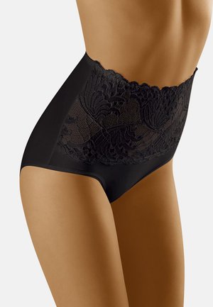 Shapewear negro de talle alto con detalles de encaje en la parte superior, tejido elástico suave y un diseño sin costuras para un ajuste cómodo.
