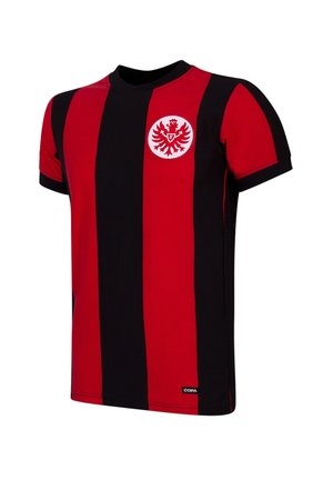 Rood-zwart gestreept voetbalshirt met korte mouwen, voorzien van een ronde hals en een centraal wit logo met een arendontwerp op de borst.