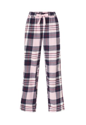 Geruite pyjamabroek in lichtroze, grijs en marineblauw. Voorzien van een elastische tailleband met een koord. Losvallend met een recht model.