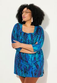 Ulla Popken ABSTRACT LEAF PRINT SWEETHEART NECKLINE - Maglietta a manica lunga - teal