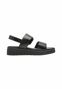 Sandalo in pelle nera con due ampie cinghie e design slingback. Suola a piattaforma con battistrada testurizzato per una buona aderenza. Estetica minimalista.
