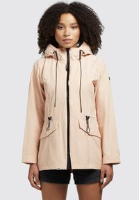 Light pink waterproof jacket with a hood, adjustable drawstrings, front zip closure, and two front pockets. Features a textured fabric.