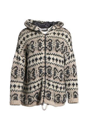 Sweat à capuche épais en tricot avec fermeture éclair, motifs géométriques beige, noir et blanc, et capuche doublée.