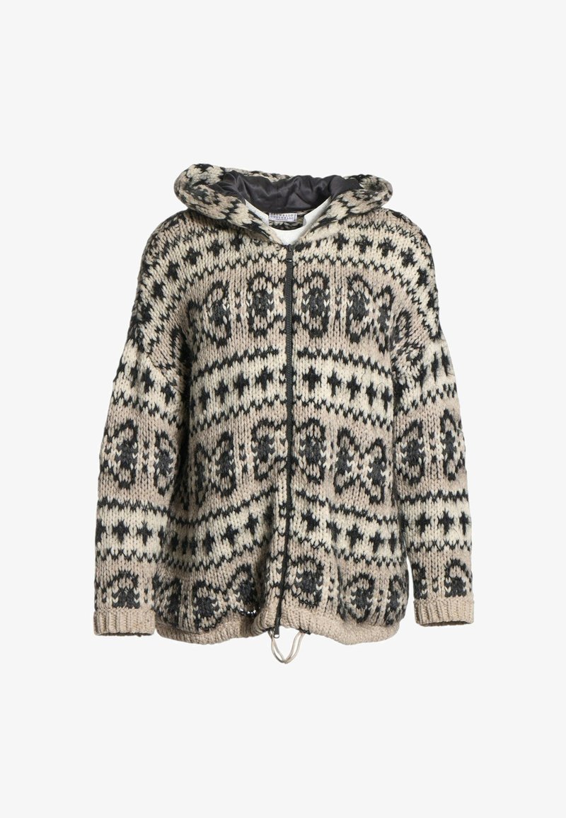 Sweat à capuche épais en tricot avec fermeture éclair, motifs géométriques beige, noir et blanc, et capuche doublée.