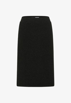 Black, knee-length pencil skirt made of textured fabric with a smooth waistband. Simple, fitted silhouette with no visible patterns or hardware.