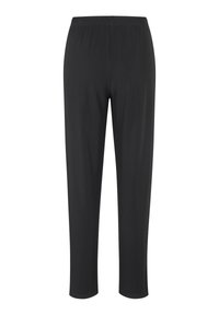 Svarta stretchbyxor med elastisk midja, tapered ben och utan fickor; mjukt tyg med en sömlös bakdesign.