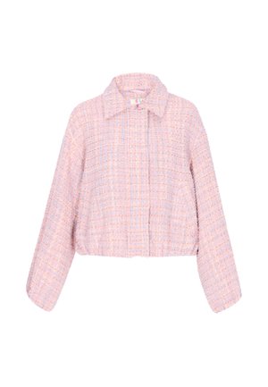 Jachetă scurtă din tweed roz și lavandă, cu guler larg și mâneci lungi, având un model texturat în carouri.