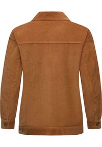 Giacca camicia in corda marrone con maniche lunghe, colletto ripiegato e polsini con bottone, caratterizzata da una texture a coste verticali e orlo dritto.