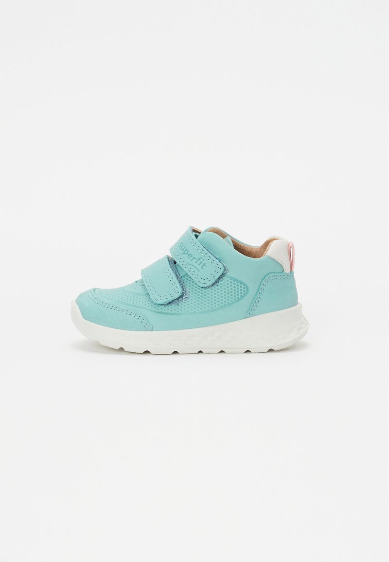 Jasnoniebieski sneaker wykonany z zamszu i siateczki, wyposażony w dwa rzepy, białą podeszwę oraz mały różowy akcent na pięcie.