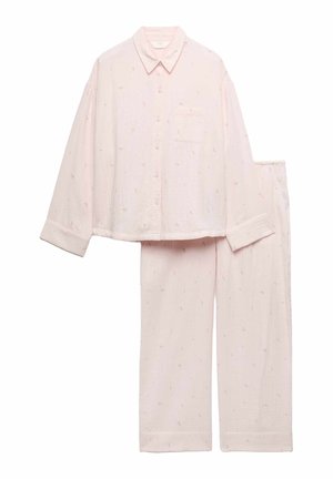 Light pink two-piece pajama set with long-sleeve button-up top and wide-leg pants, featuring subtle textured fabric and small embroidered dots.