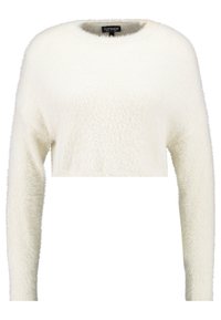 Pull blanc court à manches longues, en texture duveteuse, avec un col rond et un design simple sans ornements supplémentaires.
