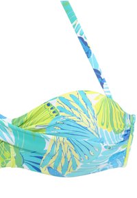 Top bikini senza spalline con vivaci motivi di foglie tropicali in tonalità di verde, blu e giallo. Tessuto morbido con design senza cuciture.