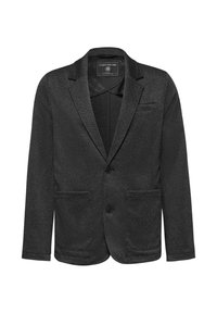 Czarna marynarka o fakturowanej tkaninie, z klapami, dwoma przednimi kieszeniami, jednobotonowym zapięciem i slim fit.