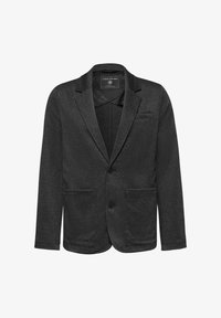 Blazer negro con tejido texturizado, solapas notch, dos bolsillos frontales, cierre de un botón y diseño ajustado.