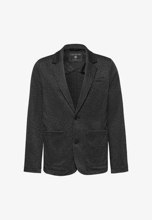 Blazer nero con tessuto testurizzato, Rever a punta, due tasche frontali, chiusura con un solo bottone e design slim fit.