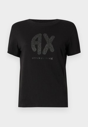 T-shirt in cotone nero con maniche corte, caratterizzato da un grande logo luccicante "AX" e il testo "ARMANI EXCHANGE" sottostante in una finitura lucida.