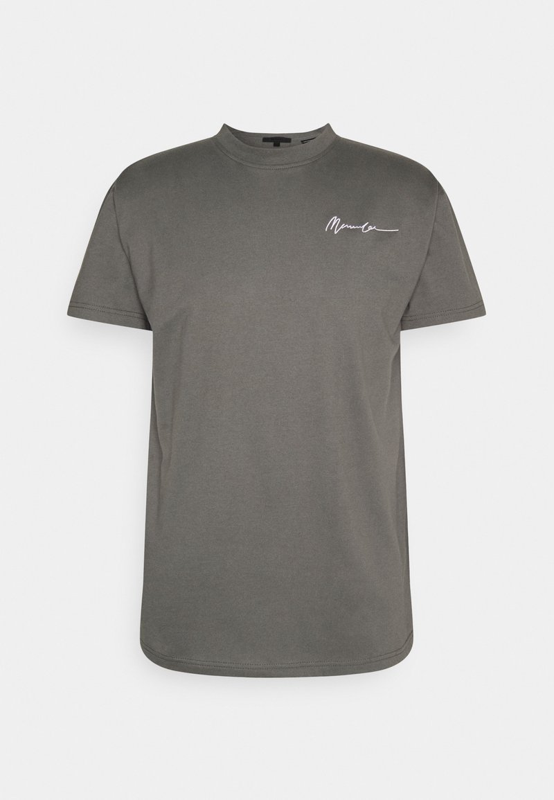 T-shirt en coton gris avec col rond, manches courtes, et un petit motif signature blanc sur le côté gauche de la poitrine. Texture lisse, coupe standard.