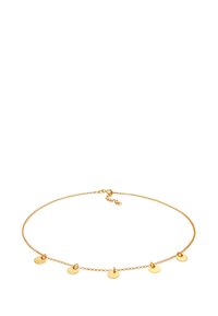 Collier en chaîne dorée avec cinq petits pendentifs circulaires. Texture lisse, design délicat et longueur ajustable avec un fermoir.