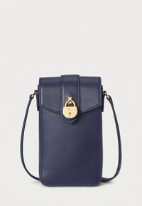 Navy leather crossbody bag with a flap closure, gold hardware, and a smooth texture. Features an adjustable strap and subtle stitching details.