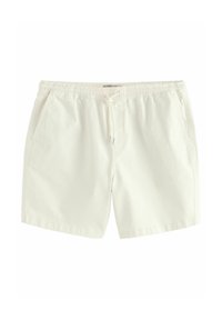 Shorts blancs en coton avec une taille élastique, une fermeture à cordon de serrage, et deux poches latérales; texture lisse et longueur au-dessus du genou.