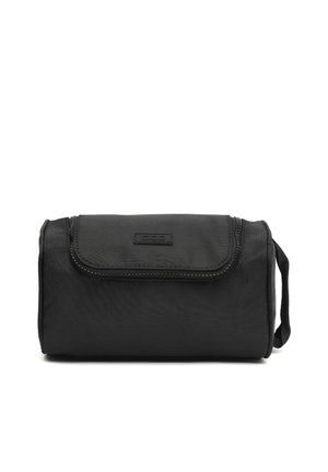 Black rectangular bag made of textured fabric. Features a zippered closure, stitched accents, and a side handle for carrying.