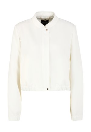 Weiße kurze Jacke mit Stehkragen aus weichem Stoff. Verfügt über einen Druckknopfverschluss vorne und einen elastischen Bund. Glatte Textur.
