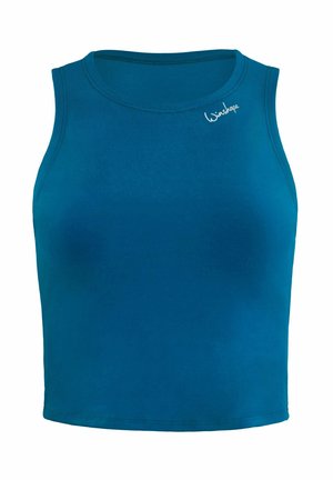 Teal värviline sobiv tank-top, mis on valmistatud pehmest ja venivast kangast. Omab ümmargust kaelust ja väikest logo vasakul rinnal. Sujuv tekstuur, ilma mustriteta.