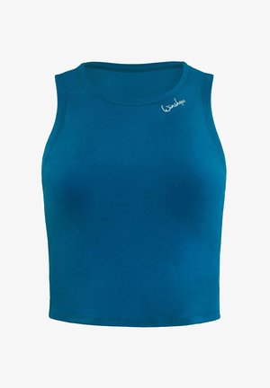 Teal passformad tanktop i mjukt, stretchigt tyg. Har en rund halsringning och en liten logotyp på vänster bröst. Slät yta, inga mönster.