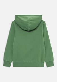 Grønn hettegenser med myk tekstur, med hette, lange ermer og ribbestrikkede mansjetter og kant. Designet er enkelt og uprydelig.