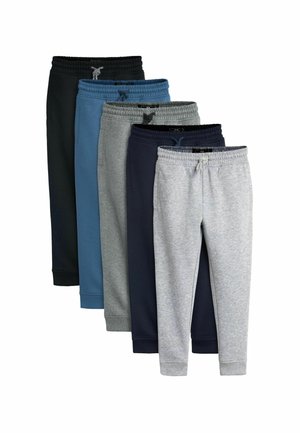 Fünf Paar Herren-Jogginghosen in verschiedenen Farben: schwarz, dunkelblau, hellblau, grau und marineblau, mit elastischen Taillenbündchen und Bündchen am Knöchel.