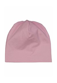 Rosa Mütze aus weichem, dehnbarem Stoff. Sie hat eine abgerundete Oberseite und ein schlichtes Design ohne zusätzliche Akzente oder Muster.