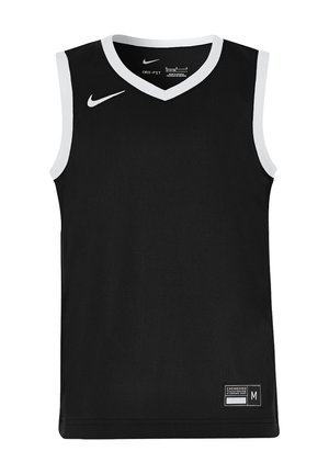Černý sportovní nátělník Nike bez rukávů s bílým lemováním, bílým logem Nike na hrudi a štítkem s velikostí vpravo dole.