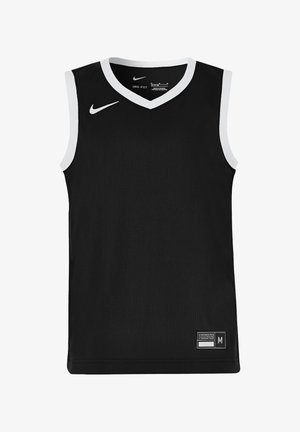 Canotta sportiva nera Nike con bordatura bianca, logo Nike bianco sul petto e etichetta della taglia in basso a destra.