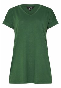 Grön kortärmad V-ringad t-shirt i mjuk bomull med avslappnad passform och en slät textur. Har en enkel, minimalistisk design.
