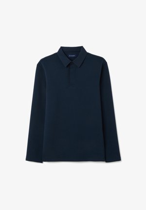 Marineblaues Polohemd mit langen Ärmeln, einem flachen Kragen, Knopfleiste und gerippten Details an Bündchen und Saum, aus weichem Baumwollmaterial gefertigt.