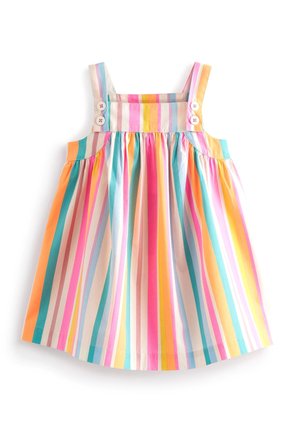 Vestido sin mangas para niña pequeña con tirantes ajustables y botones, que presenta rayas verticales en rosa, naranja, amarillo, azul y blanco.