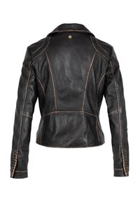 Zwarte leren jas met een aansluitend ontwerp, zichtbare stiksels en vetersluiting op de manchetten. Achteraanzicht.