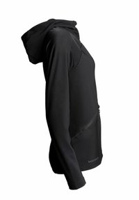 Svart lättvikts hoodie med en zip-försedd sidficka, slät yta, figurnära design och utan synliga logotyper eller mönster.